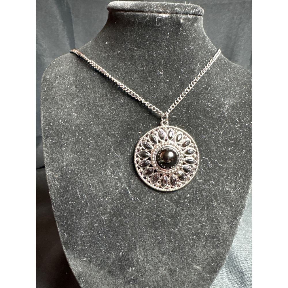 Womens Gunmetal Black Sunburst Medallion Statement Necklace Round Pendant 28 In